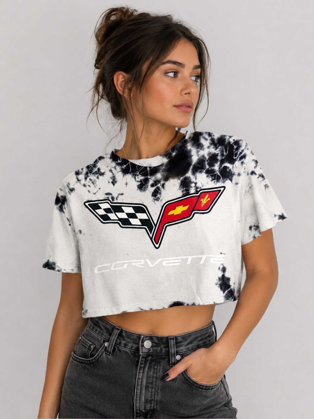 Corvette Tie Dye Cropped Graphic Tee Size Medium Black White Acid Wash Y2K